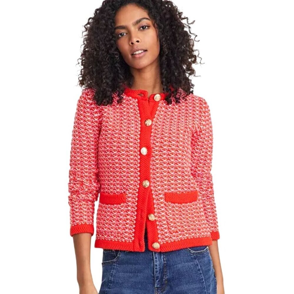 On 34th Pattern Jaquard Cardigan Lady Jacket Red Pink Gold Buttons Size XL